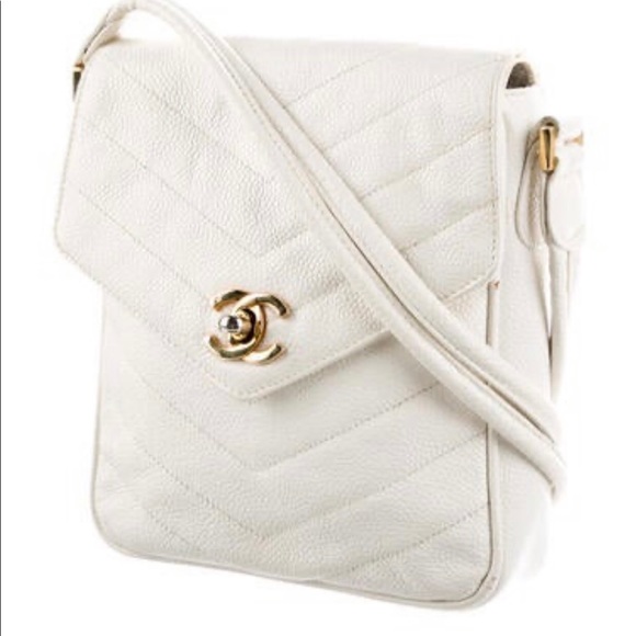 Chanel caviar quilted chevron white crossbody flap bag gold hardware